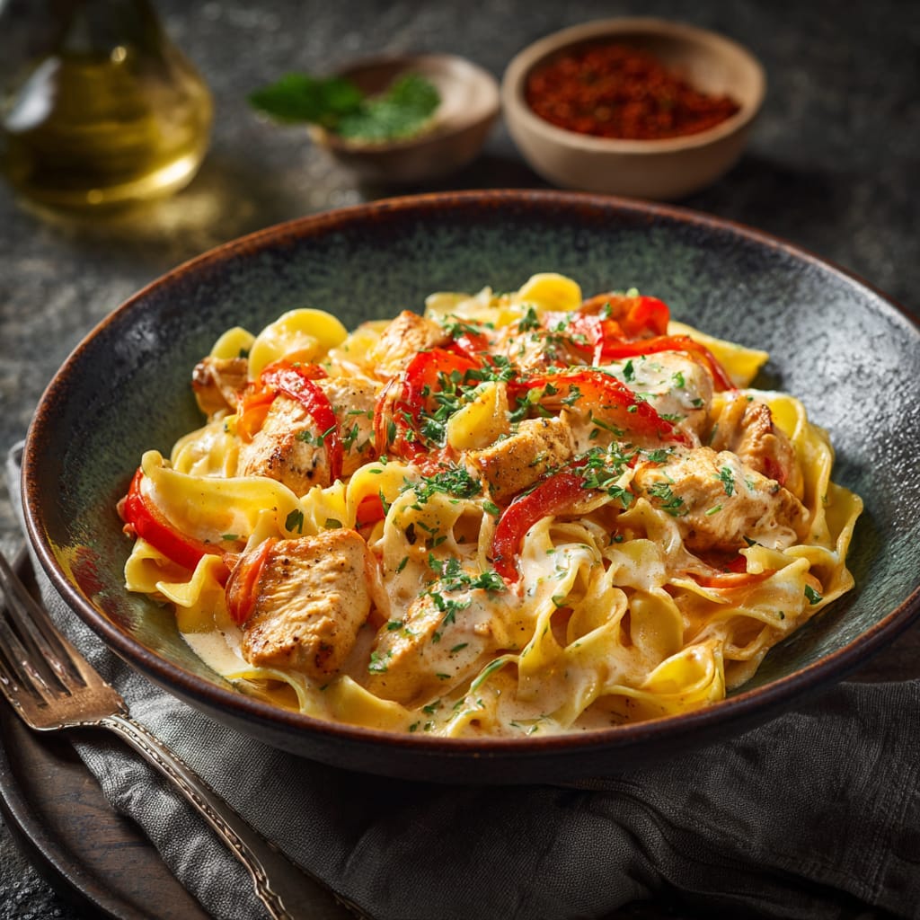 Cremige Paprika-Hähnchen-Pasta aus der Pfanne