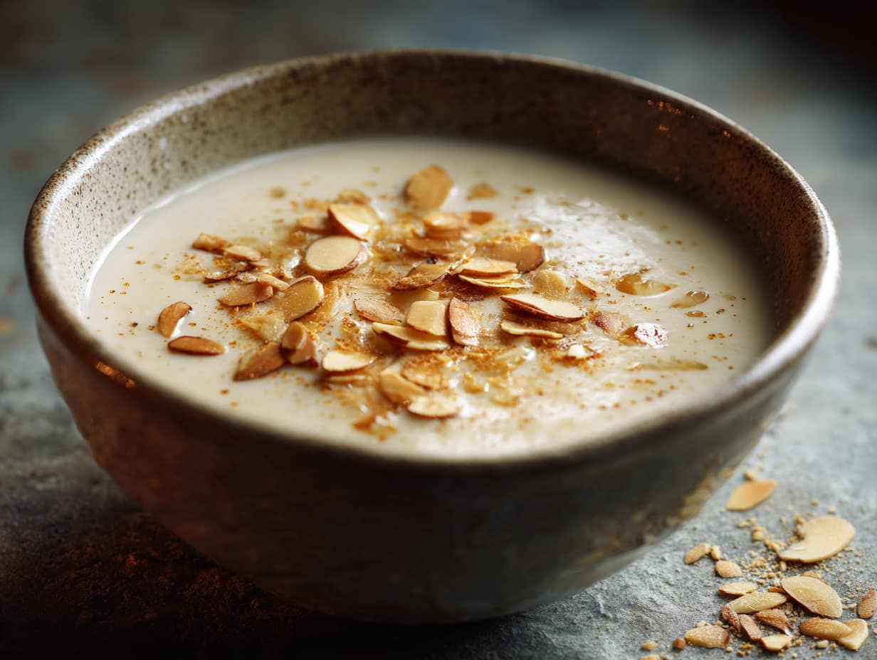 Samtige Blumenkohlcremesuppe mit goldbraun gerösteten Mandelblättchen