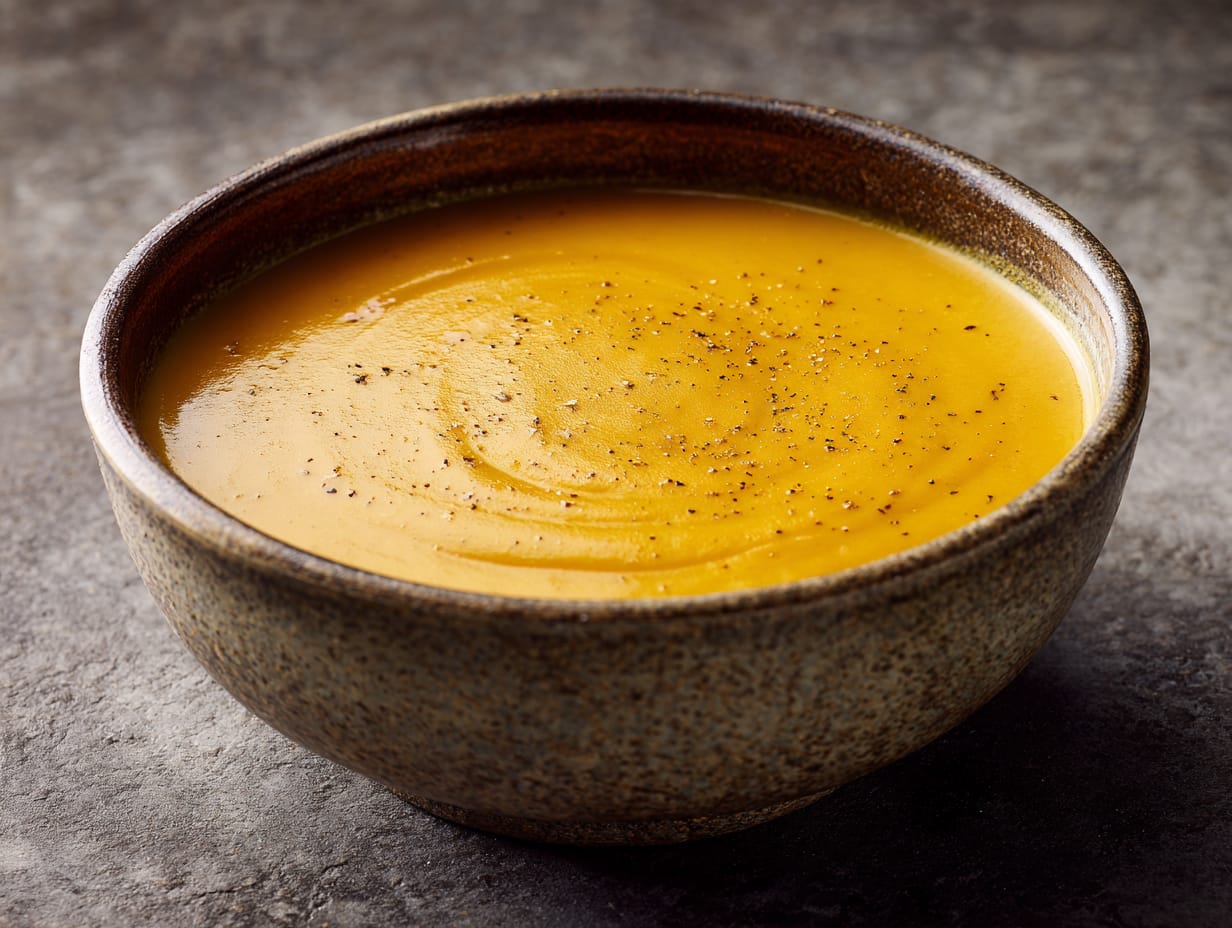 Goldgelbe Steckrübencremesuppe mit Karotte und Kreuzkümmel in einer Schale