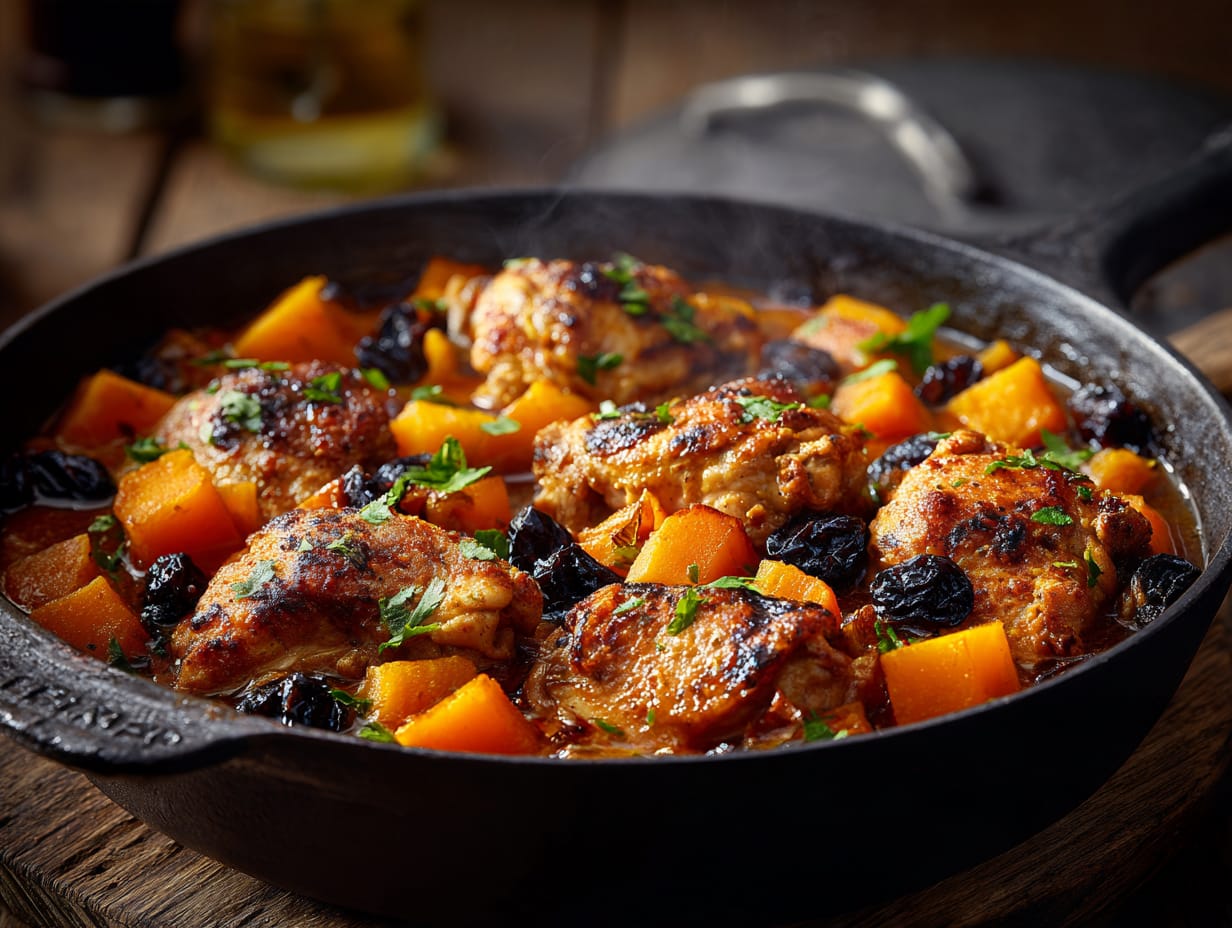 Geschmortes Hähnchen mit Kürbiswürfeln und Backpflaumen in kräftiger Sauce