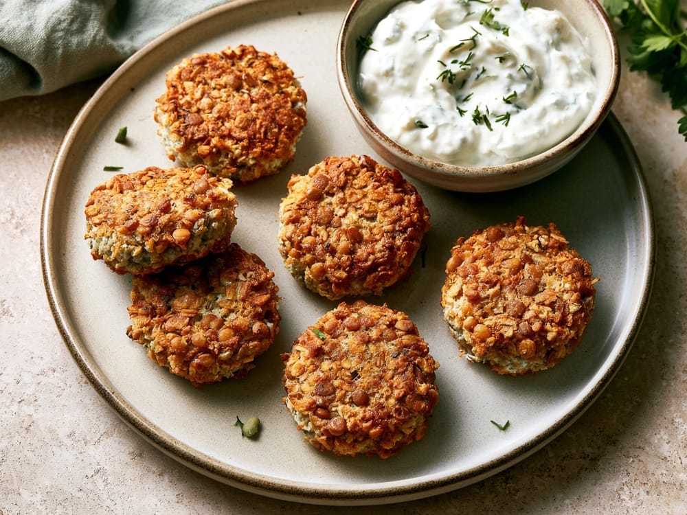 Linsen-Quark-Bratlinge mit Kräuterdip