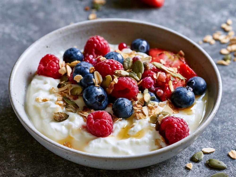 2 Beeren-Hüttenkäse-Bowl mit Knusperhafer