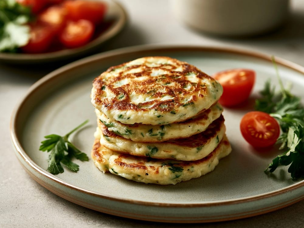 Herzhafte Hüttenkäse-Pancakes mit Kräutern und Kirschtomaten auf einem Keramikteller