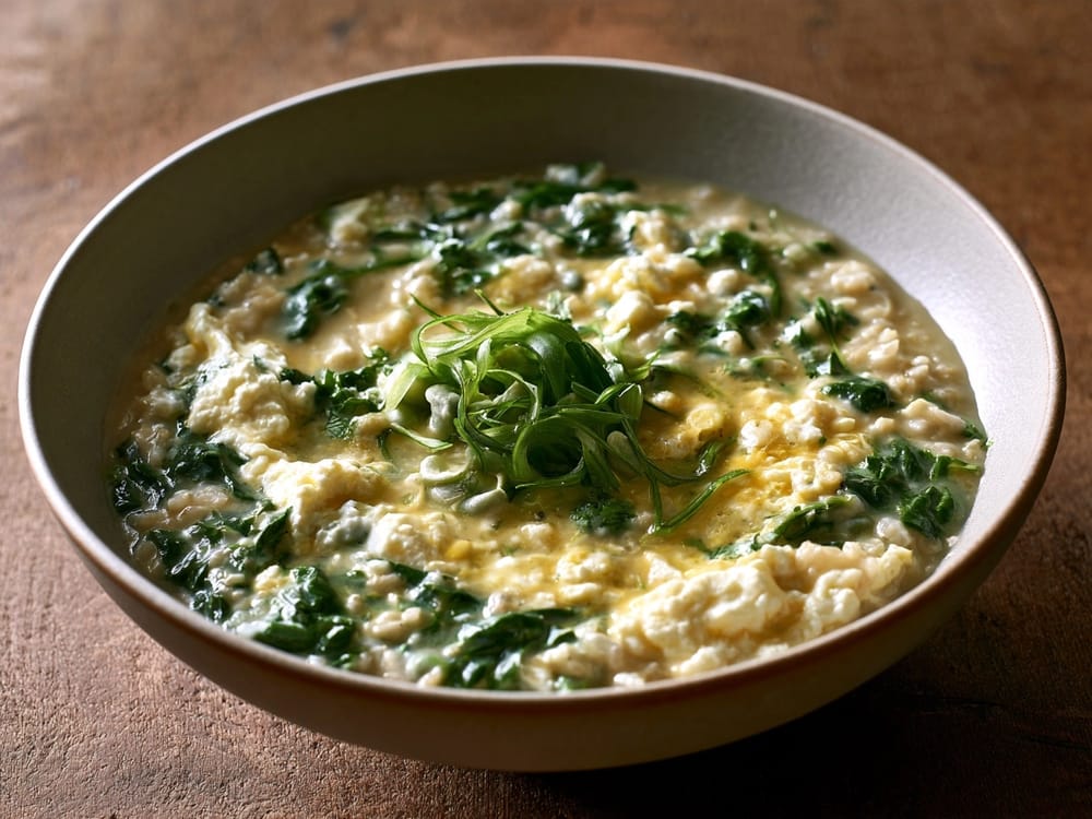 Herzhaftes Protein-Porridge mit Ei und Spinat in einer Keramikschale