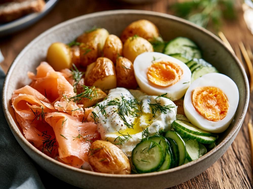 2 Lachs-Ei-Frühstücksbowl mit Kartoffeln