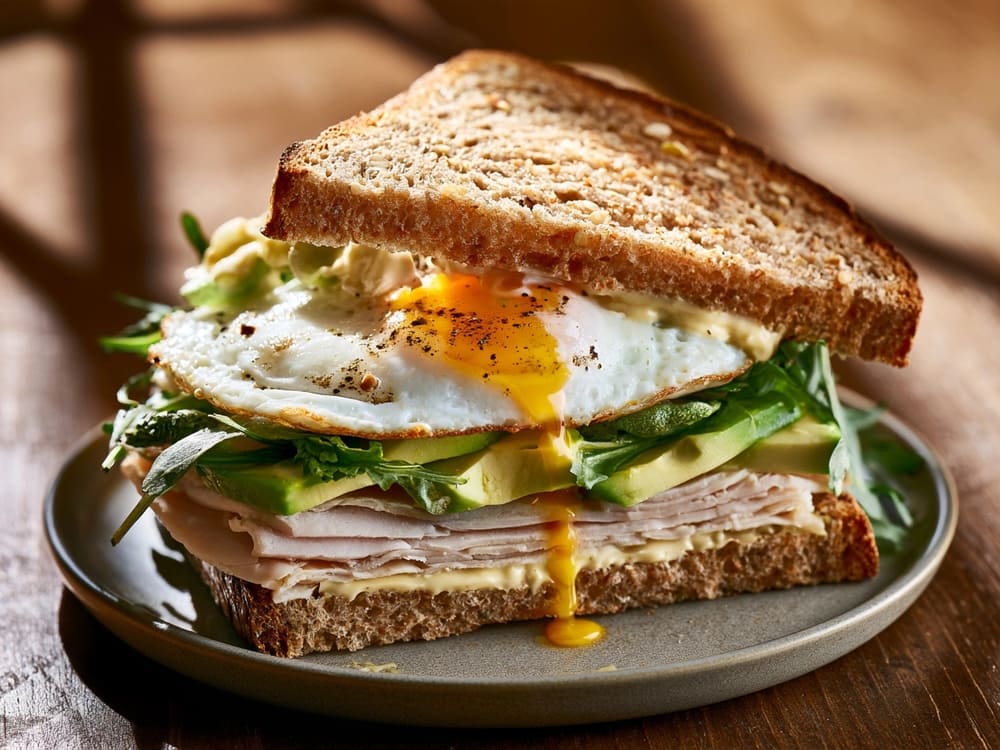 Puten-Ei-Frühstückssandwich mit Avocado, Rucola und Skyr-Senf-Creme auf einem Keramikteller