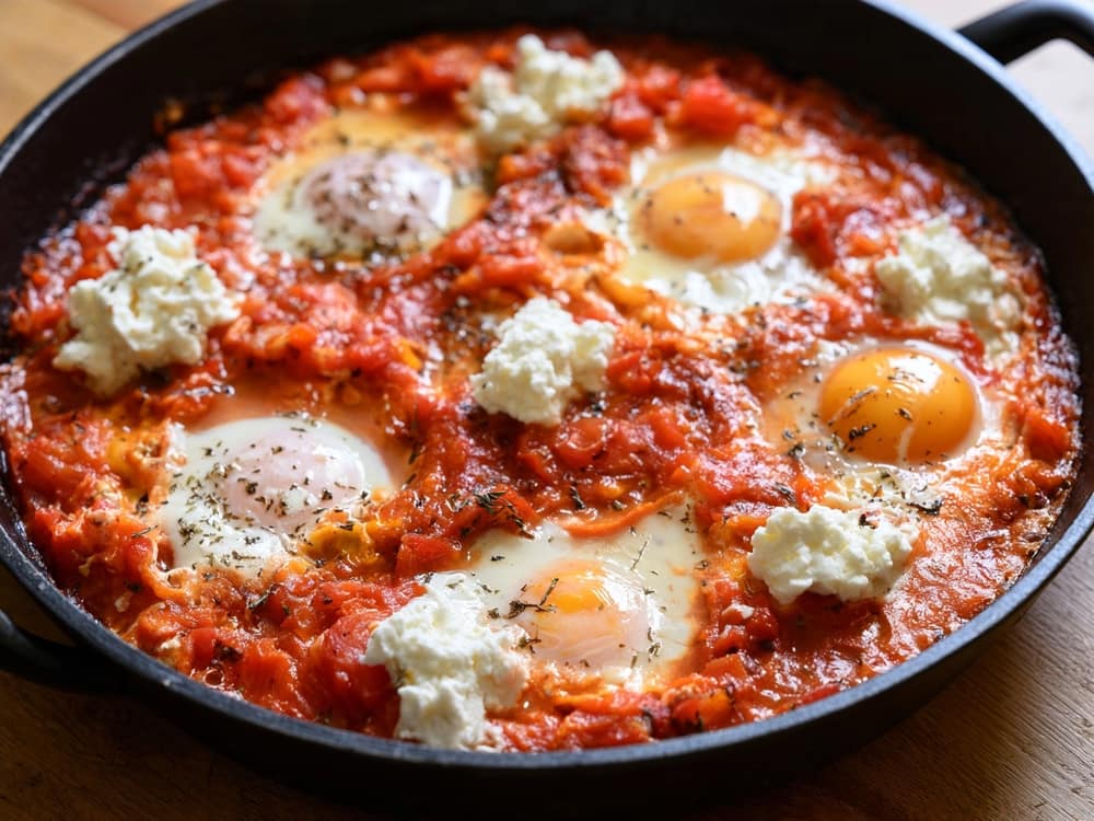 Shakshuka mit Hüttenkäse in einer gusseisernen Pfanne