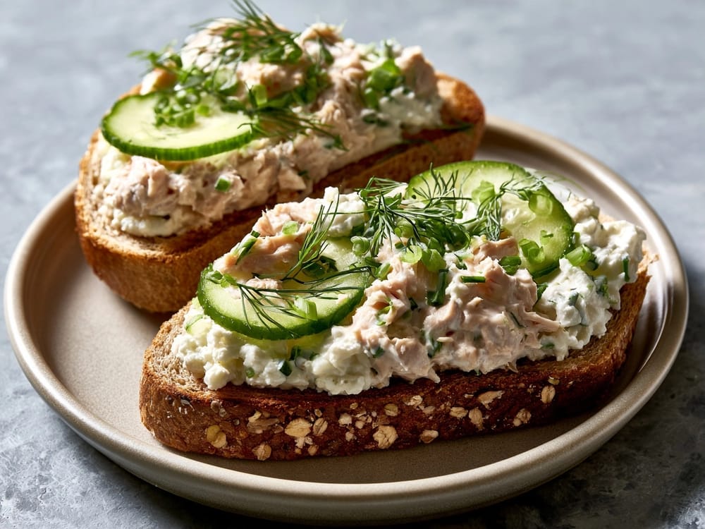 Thunfisch-Hüttenkäse-Toast mit Gurke auf Keramikteller