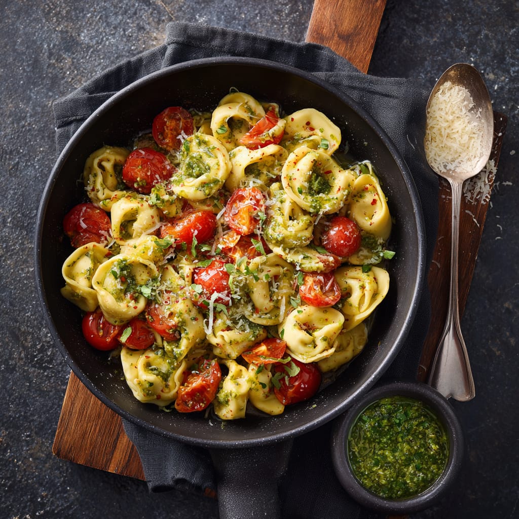 Knusprige Tortellini-Pfanne mit Pesto und Tomaten