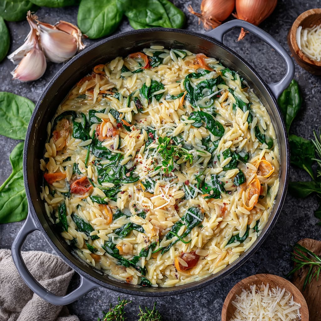 3 One-Pot-Orzo mit Spinat