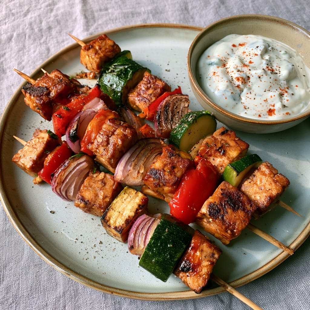 Tempeh-Gemüse-Spieße mit Joghurt-Dip auf einem Teller
