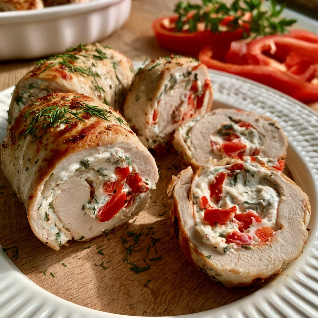 Putenbrust-Röllchen mit Kräuterquark und roter Paprika