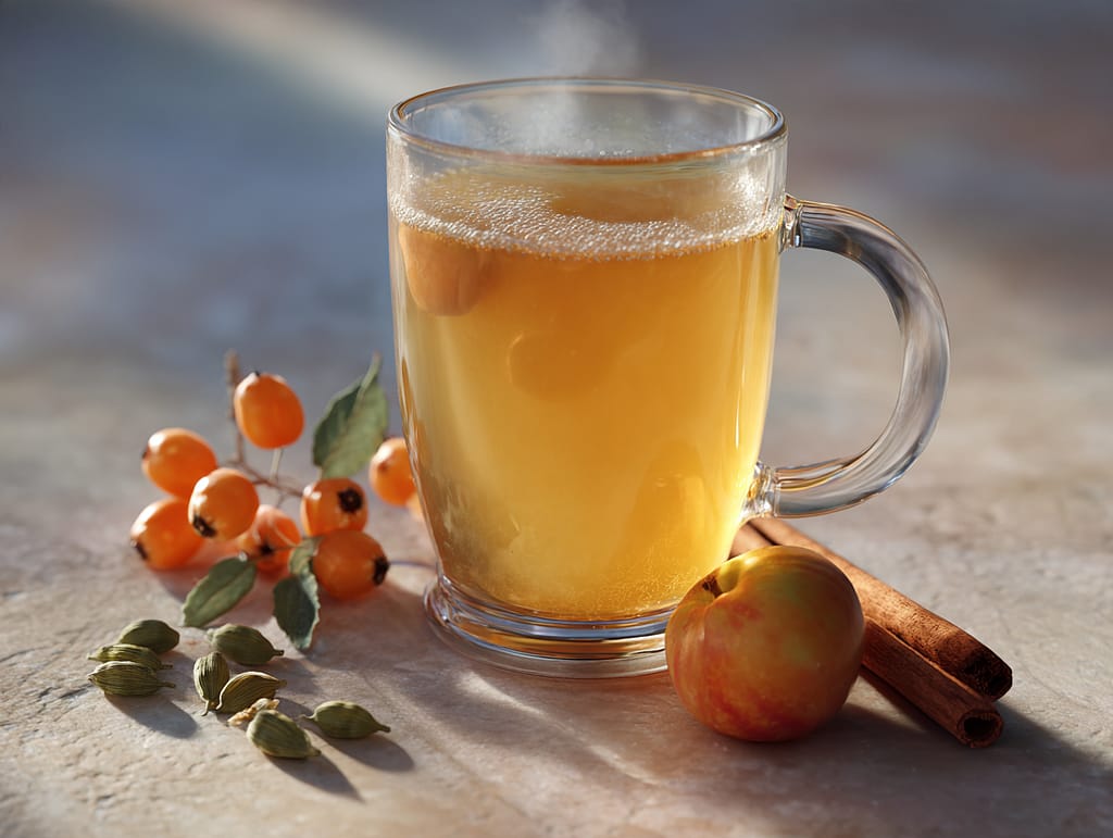 Heißer Apfel-Sanddorn-Punsch im Glas mit Apfel und Sanddornbeeren