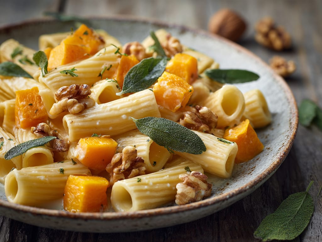 Rigatoni mit Kürbiswürfeln, Salbei und Walnüssen in cremiger Sauce