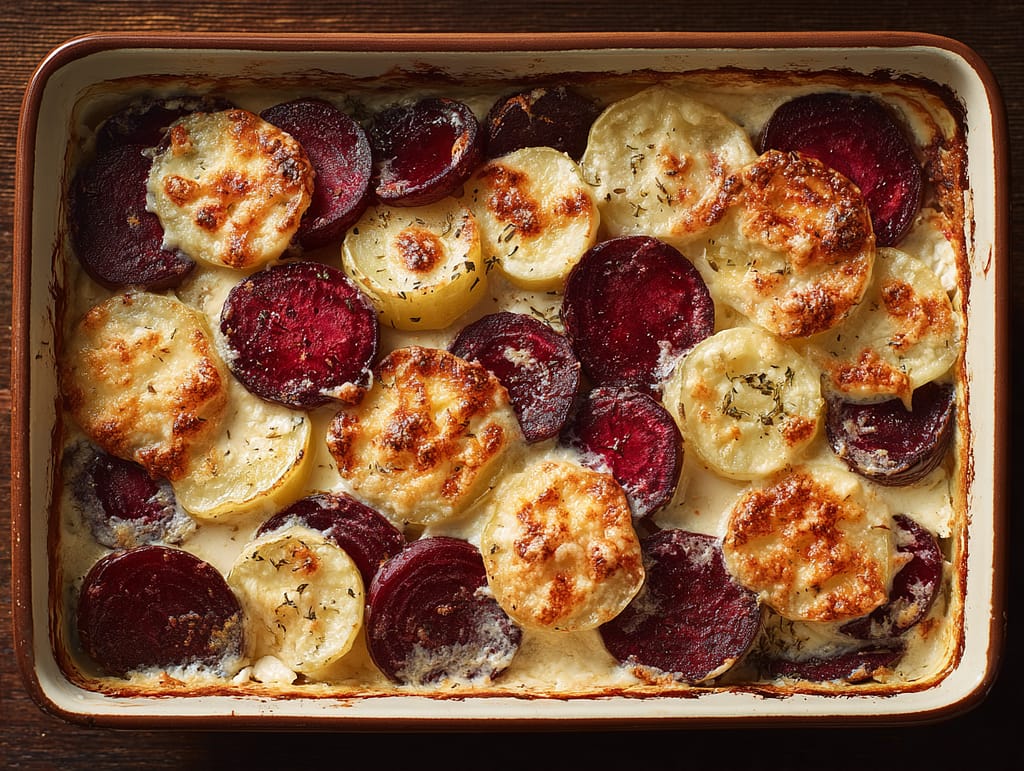 Rote-Bete-Kartoffel-Gratin mit gebräunten Ziegenkäsescheiben