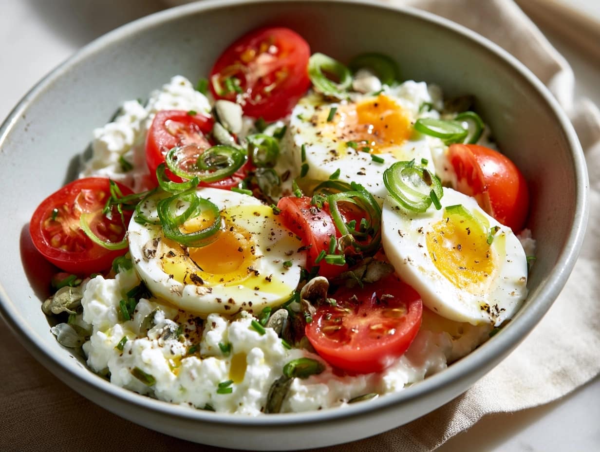 Körniger Frischkäse mit Ei und Tomate