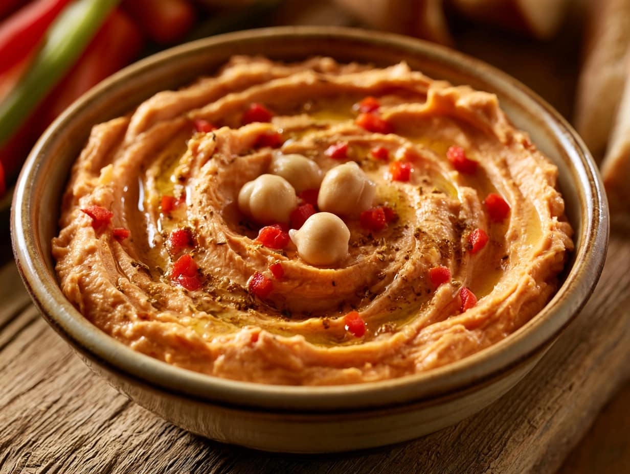Cremiger Magerquark-Hummus mit Kichererbsen und Paprika
