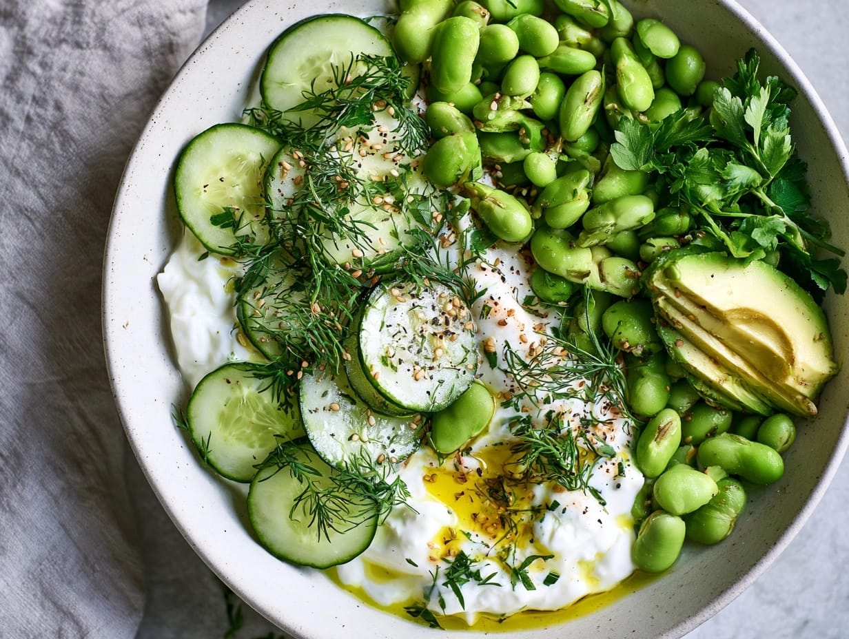 Frische Skyr-Gurken-Bowl mit Edamame und Avocado