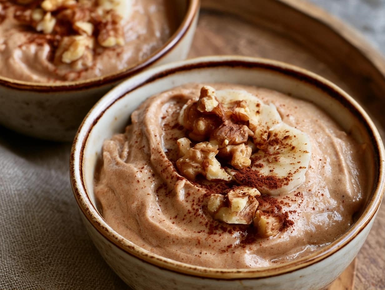 Süße Skyr-Bananen-Creme mit Kakao und Walnüssen