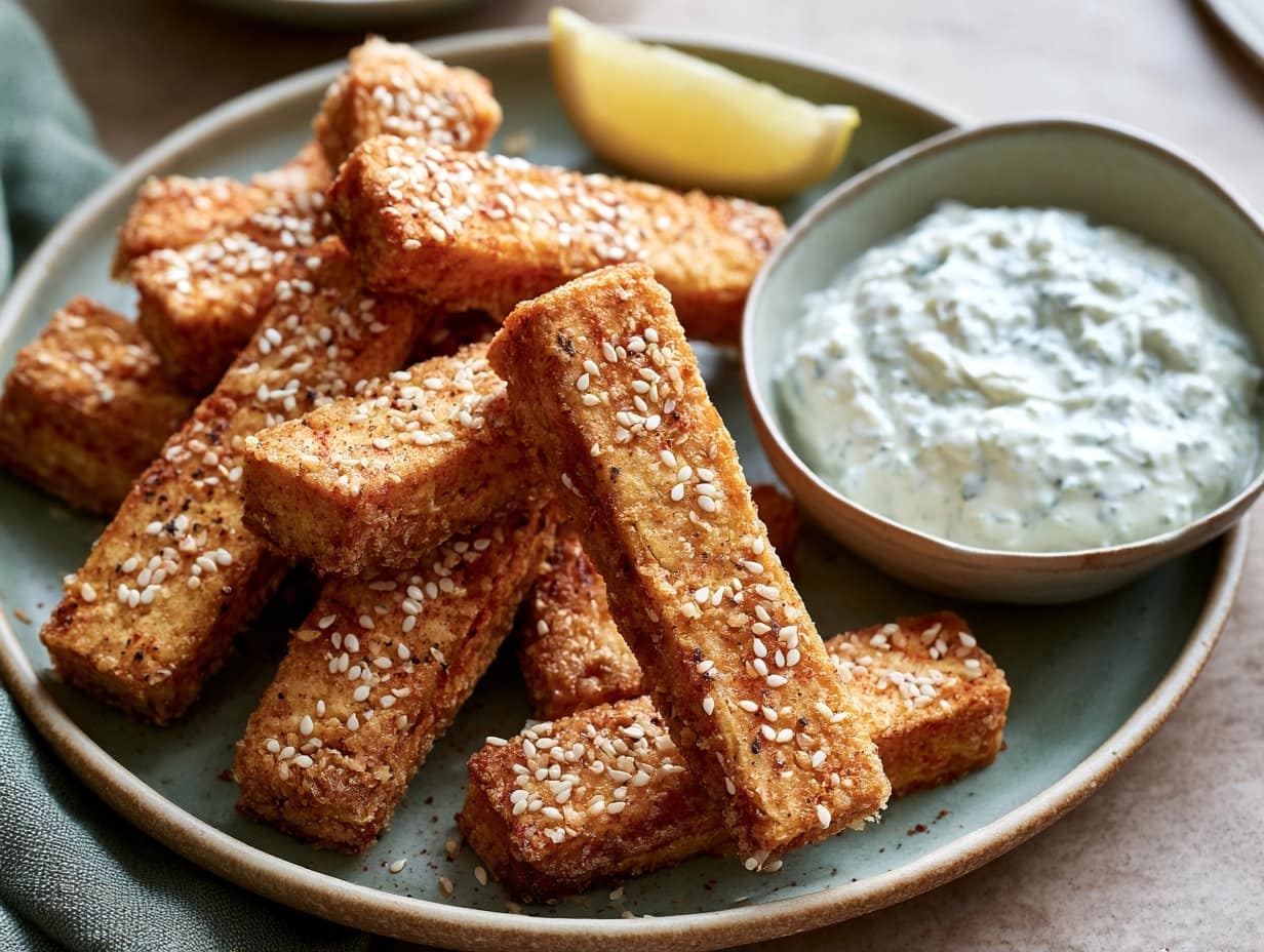 Knusprige Tofu-Sesam-Sticks mit Knoblauch-Skyr-Dip