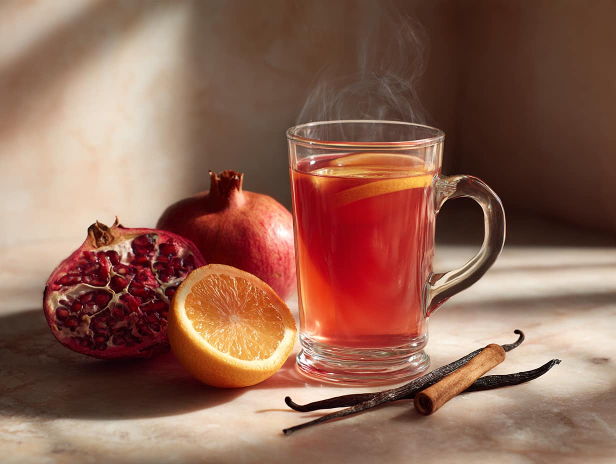 Heißer Granatapfel-Mandarinen-Punsch im Glas mit Granatapfel und Mandarine