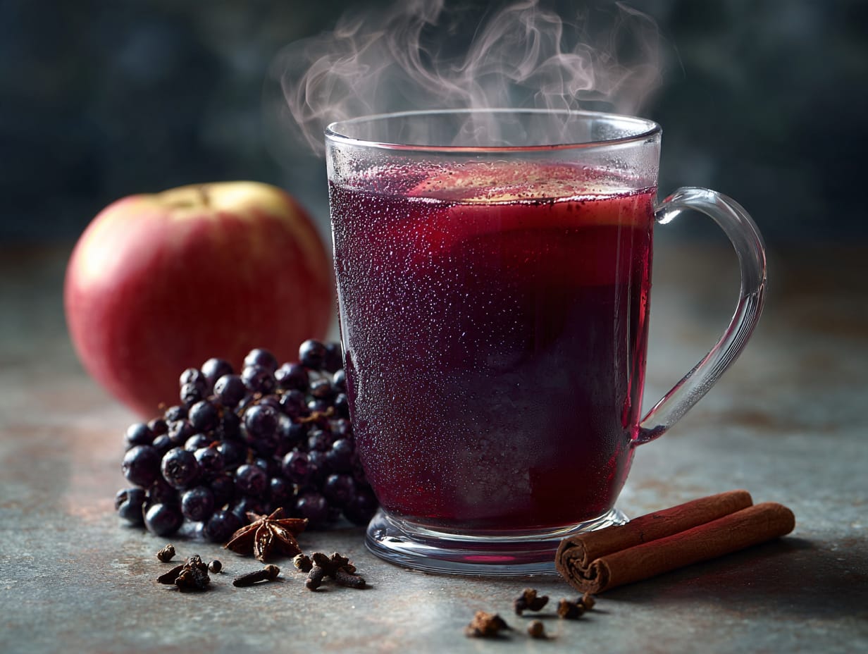 Heißer Holunder-Apfel-Punsch im Glas mit Apfel und Holunderbeeren