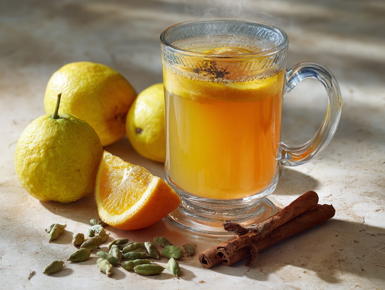 Heißer Quitten-Orangen-Punsch mit Quitte und Orange neben dem Glas