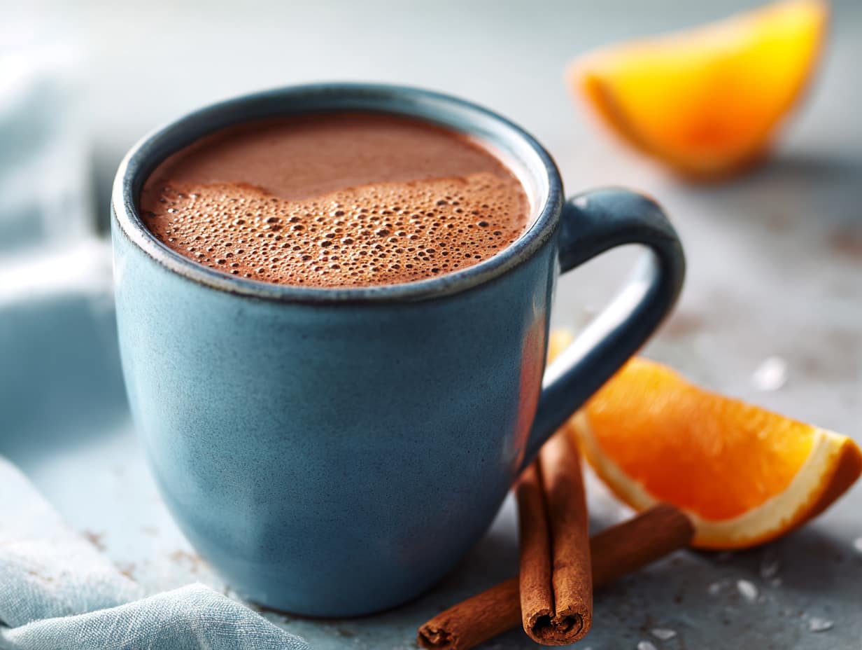 Heiße Schokolade mit Orange und Zimt in einer blauen Keramiktasse