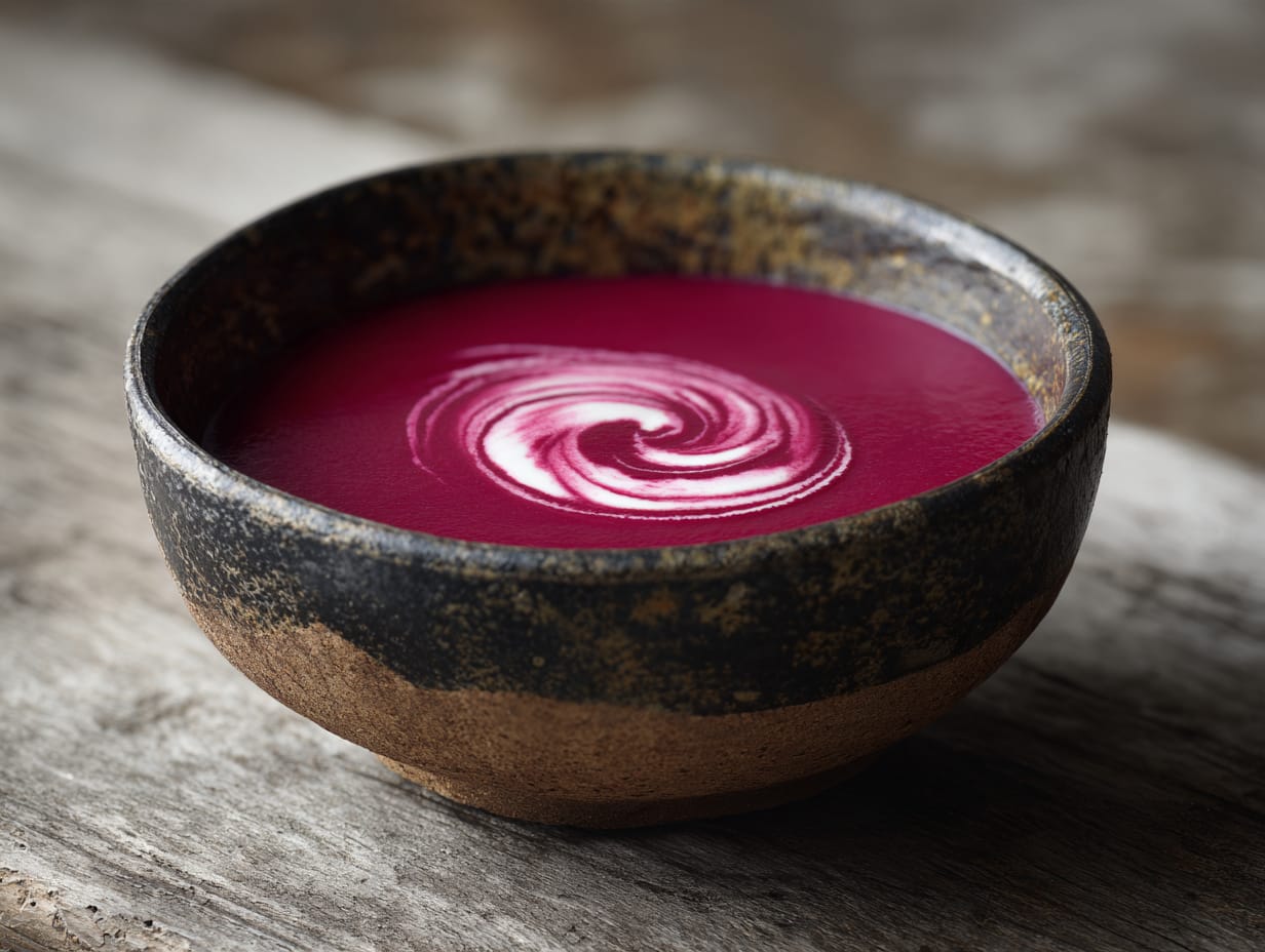 Samtige Rote-Bete-Suppe mit Orange und Ingwer in einer Schale