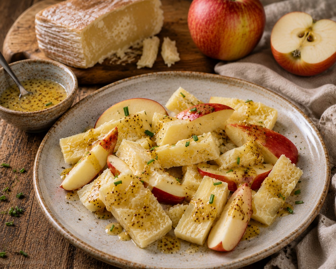 Harzer-Käse-Apfel-Snack mit Senf-Dressing