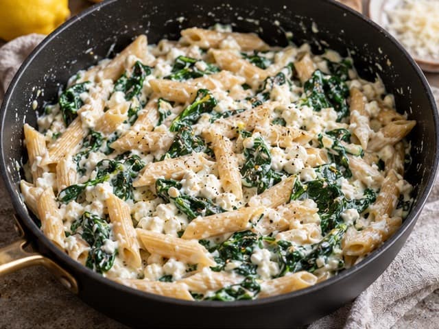 Cremige Cottage-Cheese-Pasta mit Spinat