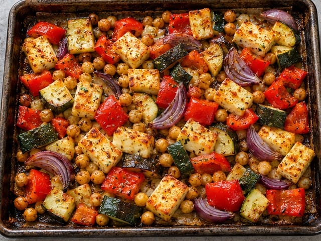 Halloumi-Kichererbsen-Blech mit Paprika