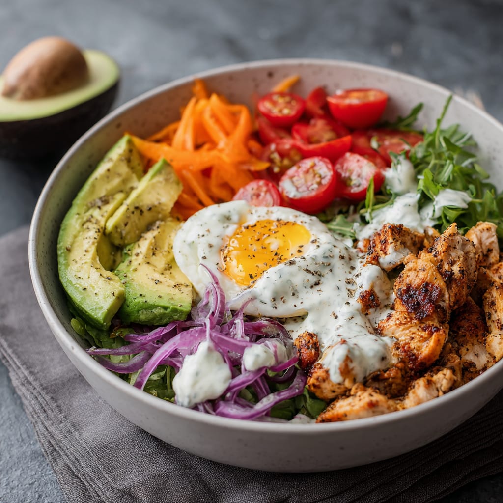 Avocado-Hähnchen-Bowl mit Joghurt-Dressing: frisch, leicht und sättigend