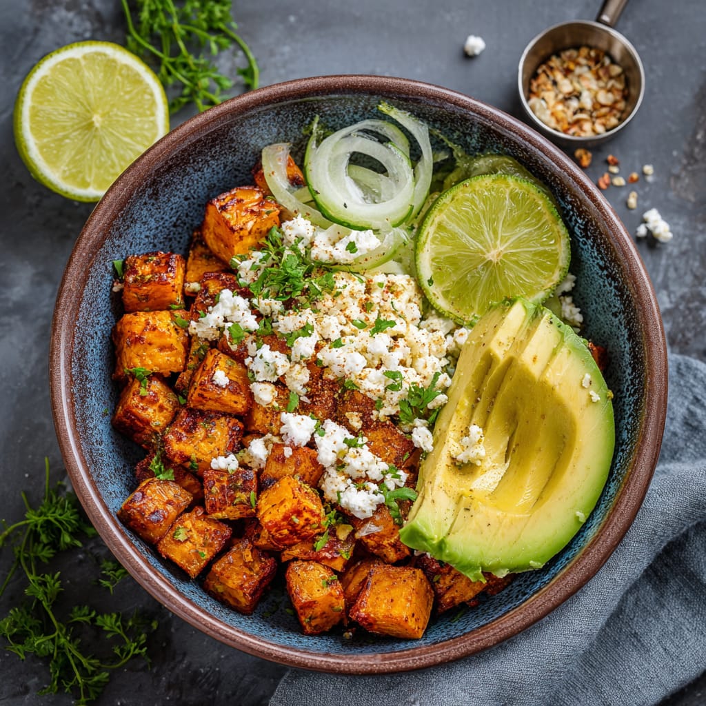 2Süßkartoffelschüssel mit Avocado und Feta